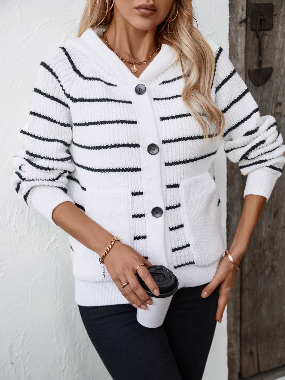 Striped Button Up Long Sleeve Hooded Cardigan.