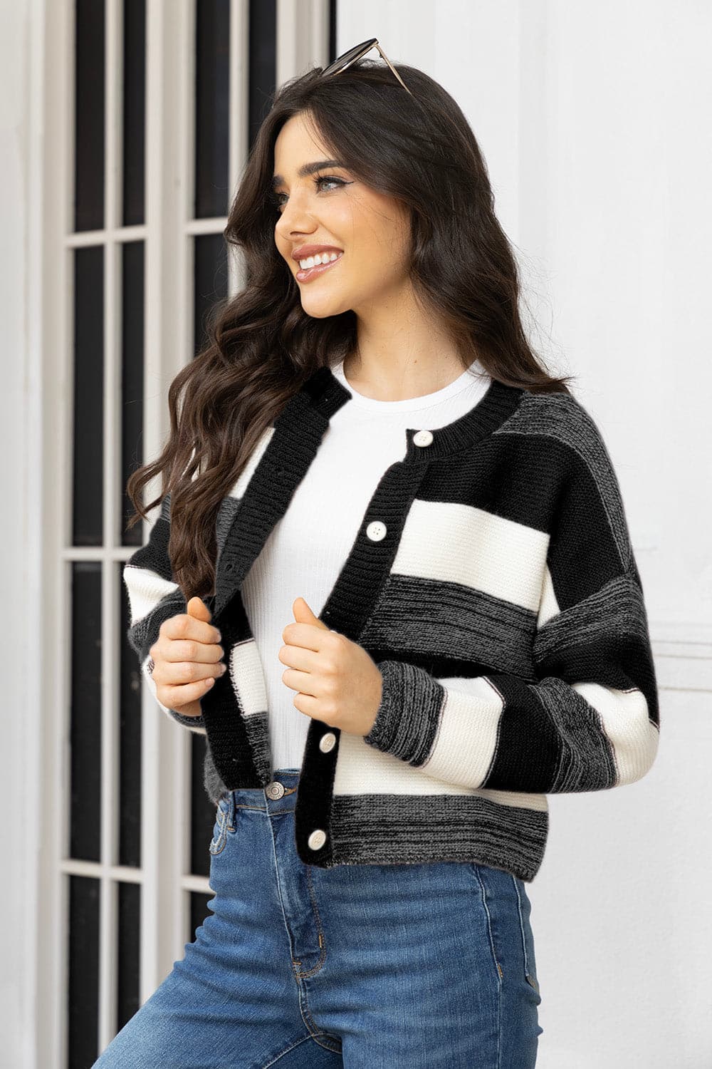 Striped Button Up Long Sleeve Cardigan.