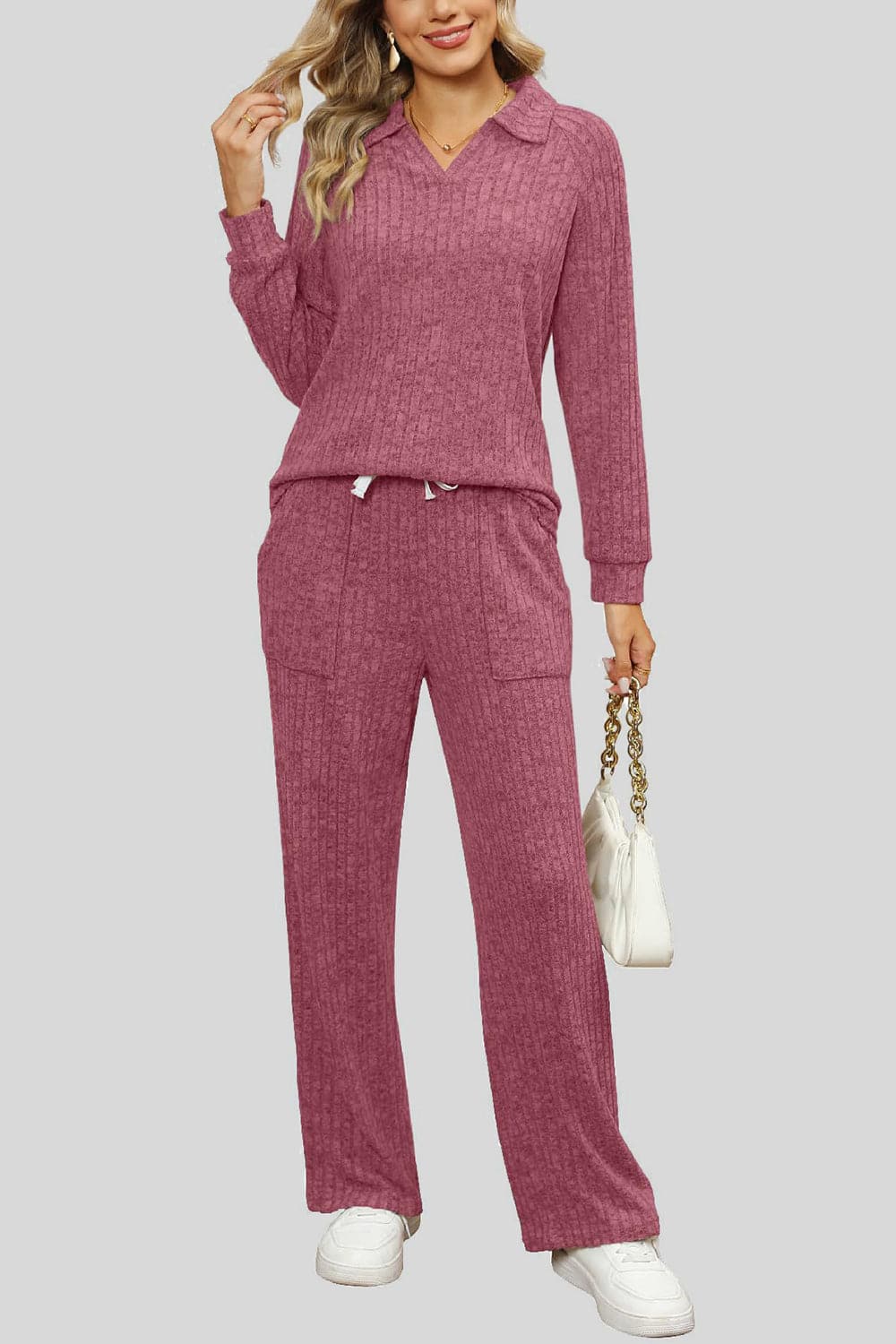 Ribbed Long Sleeve Top and Pocketed Pants Set.