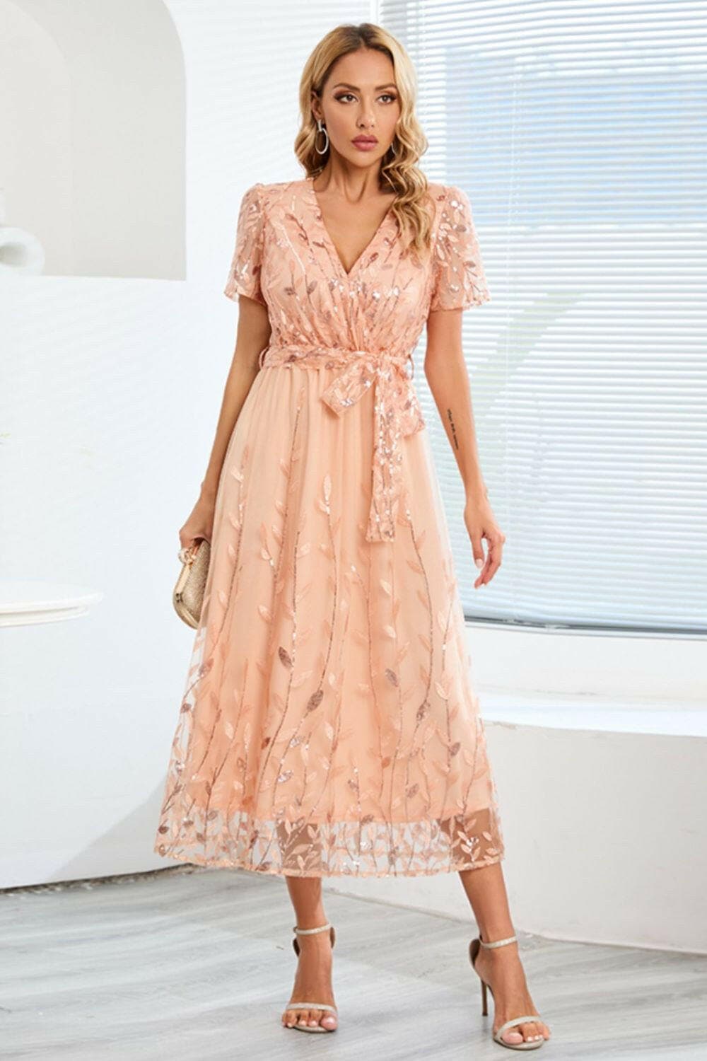 Sequin Leaf Embroidery Tie Front Short Sleeve Dress.