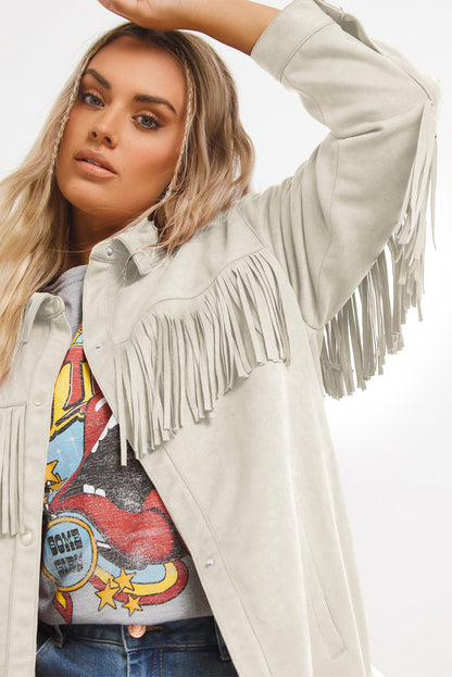 Chic plus size suede shacket with playful fringe detail