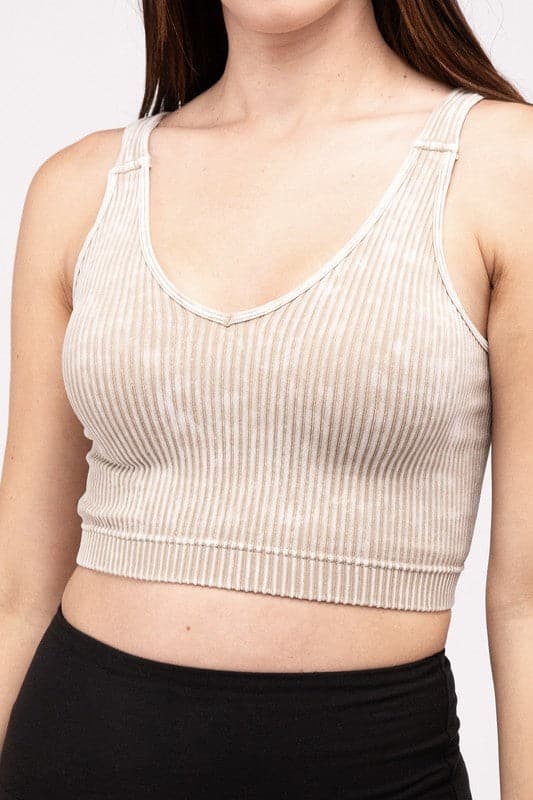 Washed Ribbed Cropped V-Neck Tank Top.