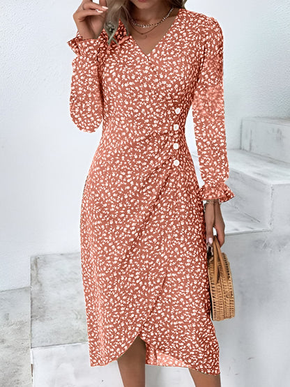 Full Size Printed Surplice Long Sleeve Midi Dress.