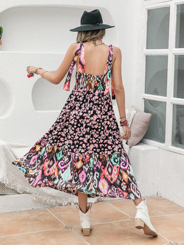 Printed Plunge Sleeveless Midi Dress.