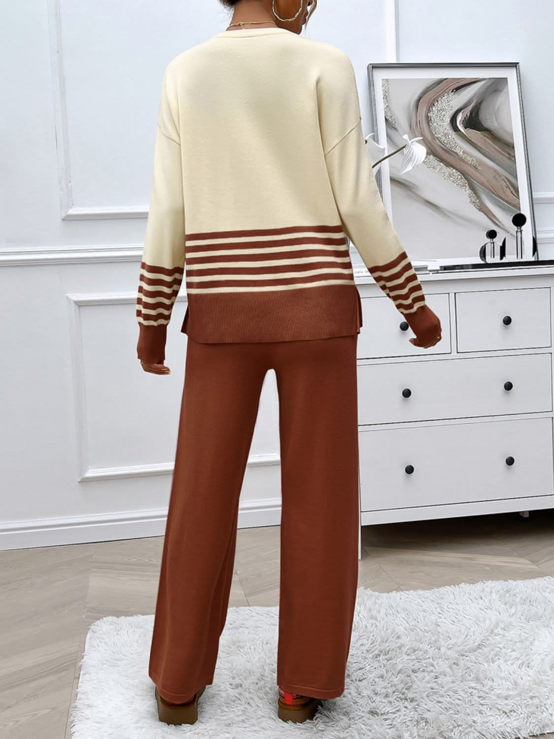 Chic striped sweater set with slit detail and round neck