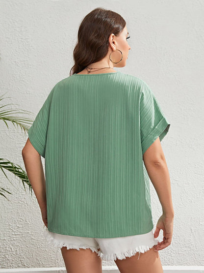 Plus Size Buttoned V-Neck Short Sleeve Top.