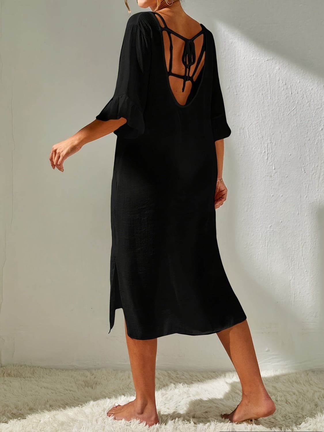 Slit V-Neck Flounce Sleeve Cover-Up.