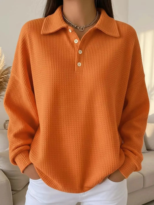 Plus Size Waffle Knit Sweatshirt With Button Detail Orange Polo Style Simply Love