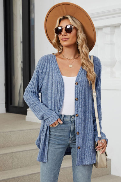 Ribbed Button Up Long Sleeve Cardigan.