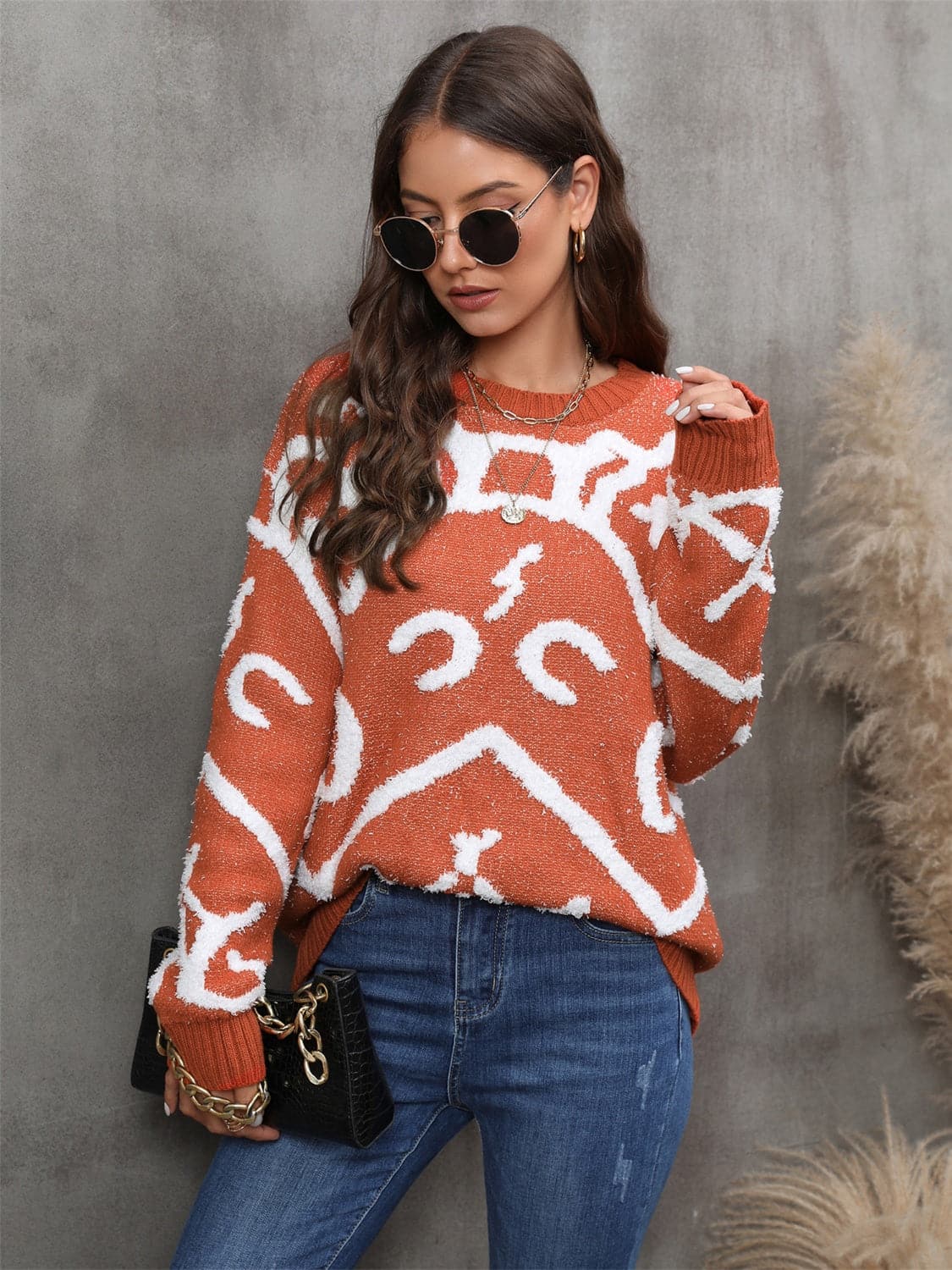 Printed Round Neck Long Sleeve Sweater.