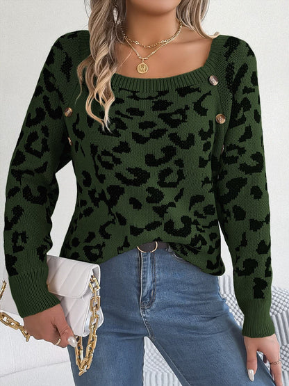 Leopard Buttoned Square Neck Sweater.