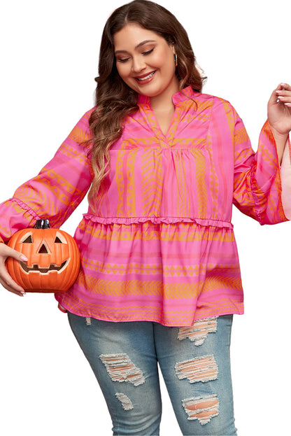 Chic geometric embroidered plus size bell sleeve babydoll blouse in vitality orange