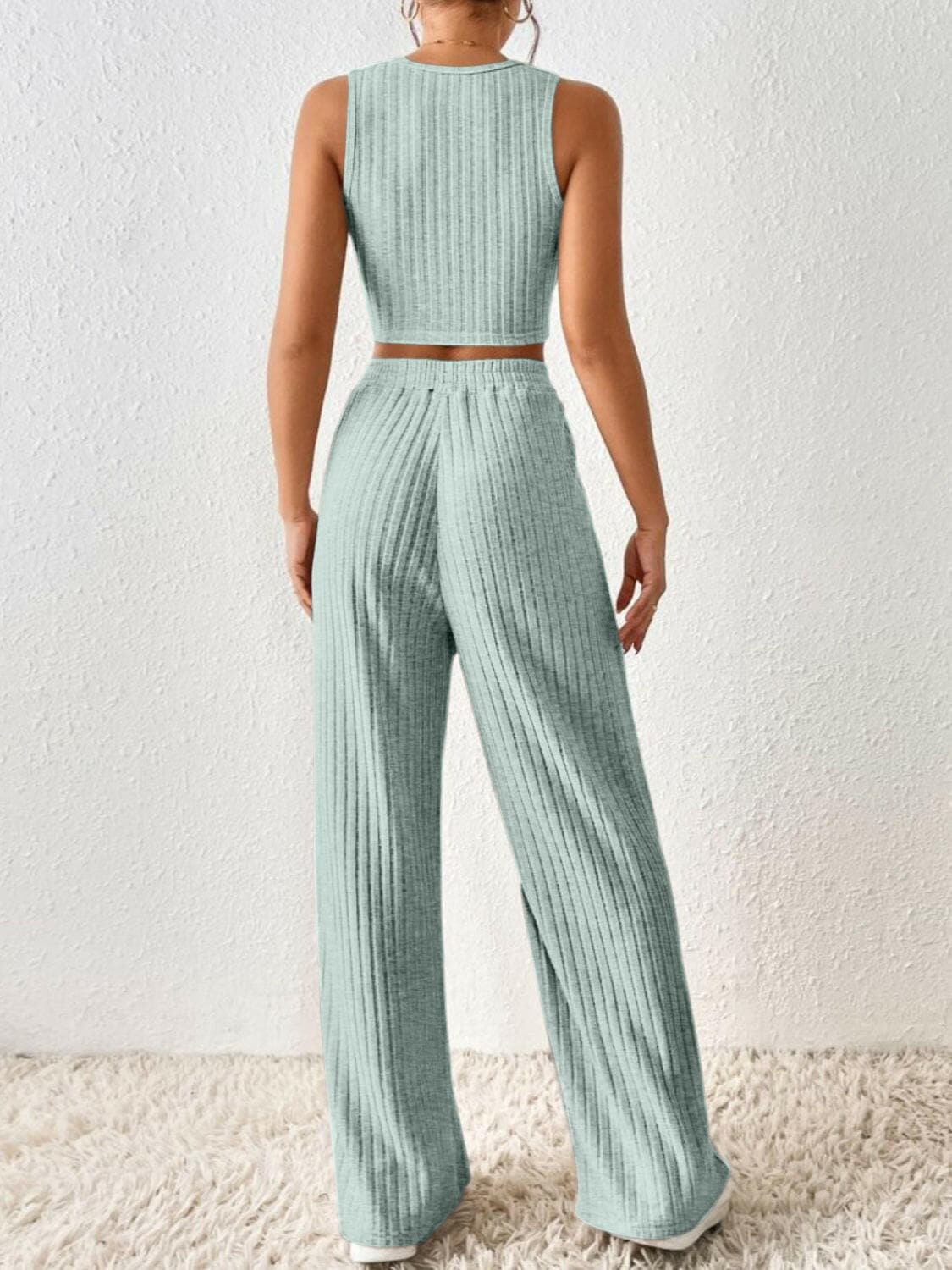 Ribbed Round Neck Tank and Pants Sweater Set.