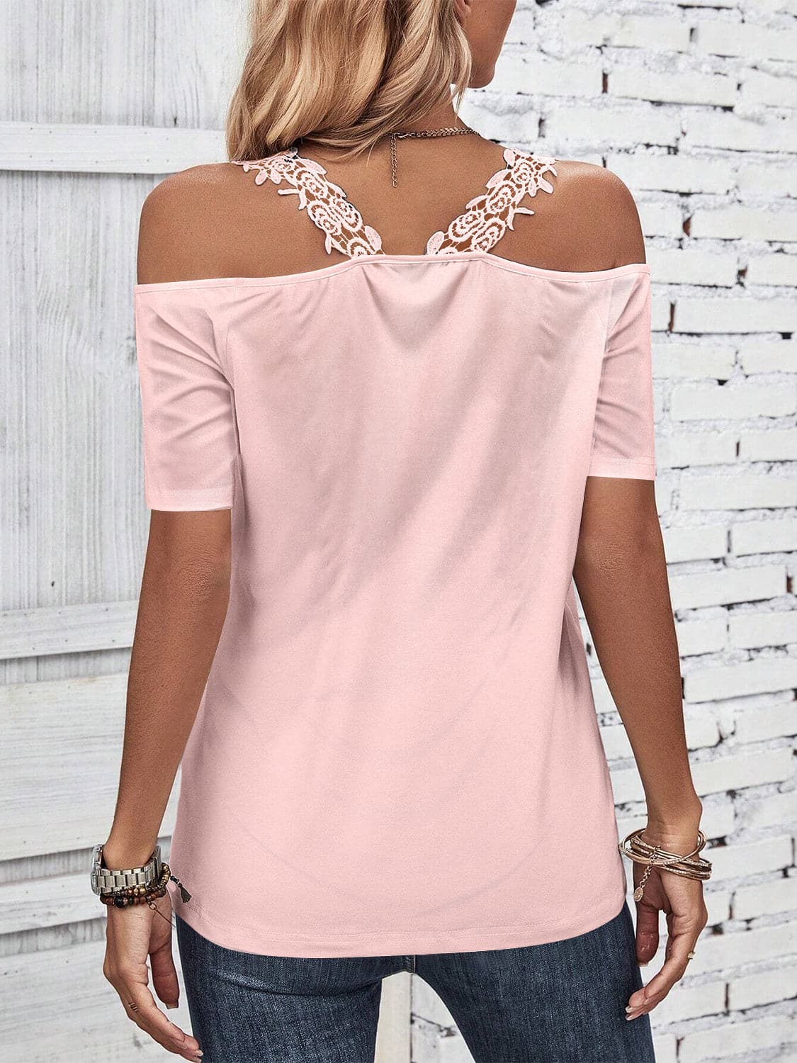 Full Size Lace Detail Short Sleeve T-Shirt.