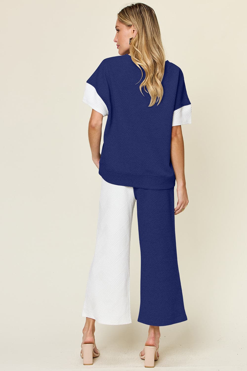 Double Take Full Size Texture Contrast T-Shirt and Wide Leg Pants Set.