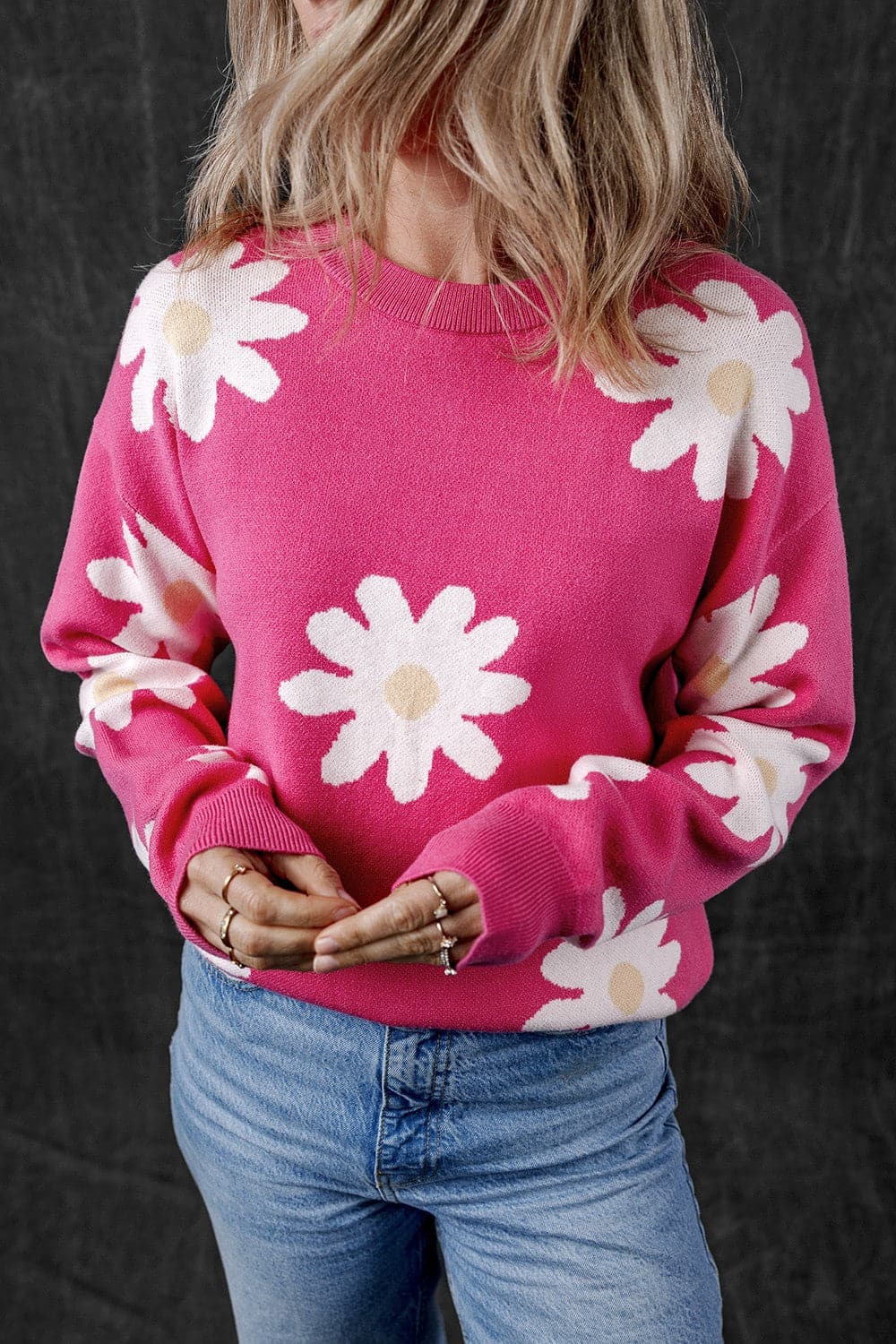 Daisy Round Neck Dropped Shoulder Sweater.