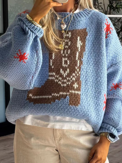 Boot Pattern Round Neck Dropped Shoulder Sweater in blue with boot motif and red accents.