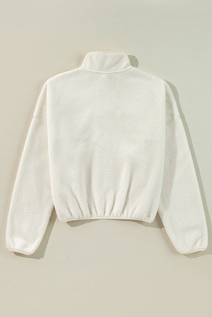 Cozy chic: White fleece placket collar sweatshirt with drop shoulders