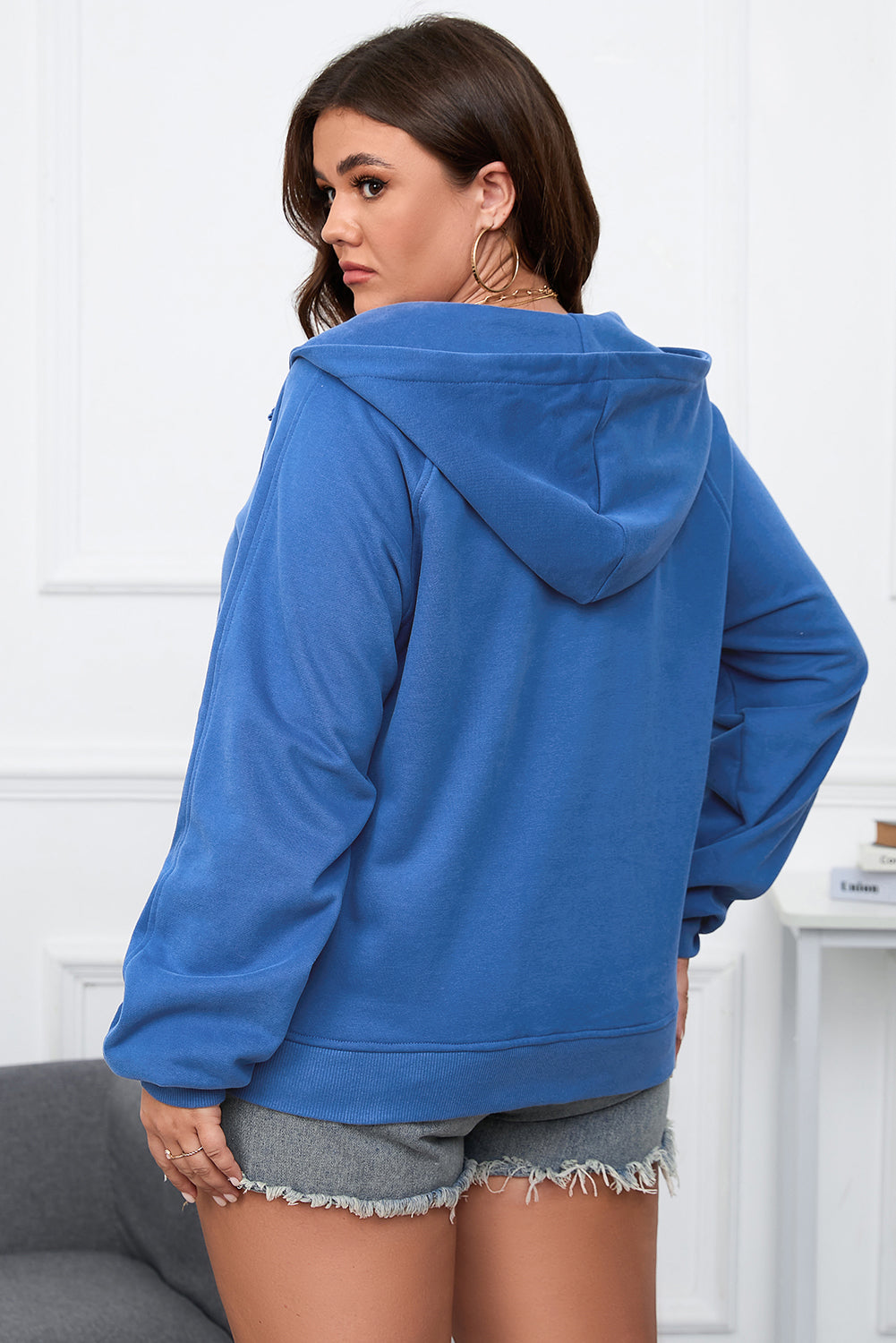 Bluing plus size zip-up hoodie