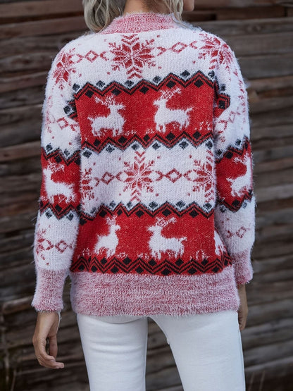 Reindeer & Snowflake Round Neck Sweater.