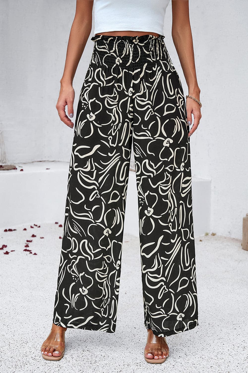 Smocked Printed Wide Leg Pants with Pockets.