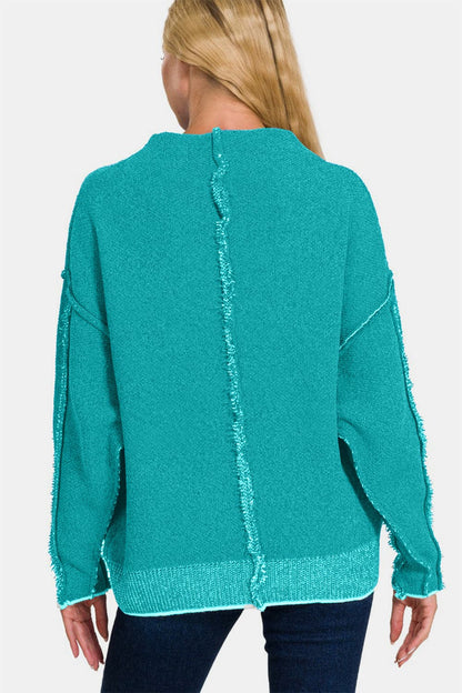 Zenana Exposed Seam Mock Neck Long Sleeve Sweater.