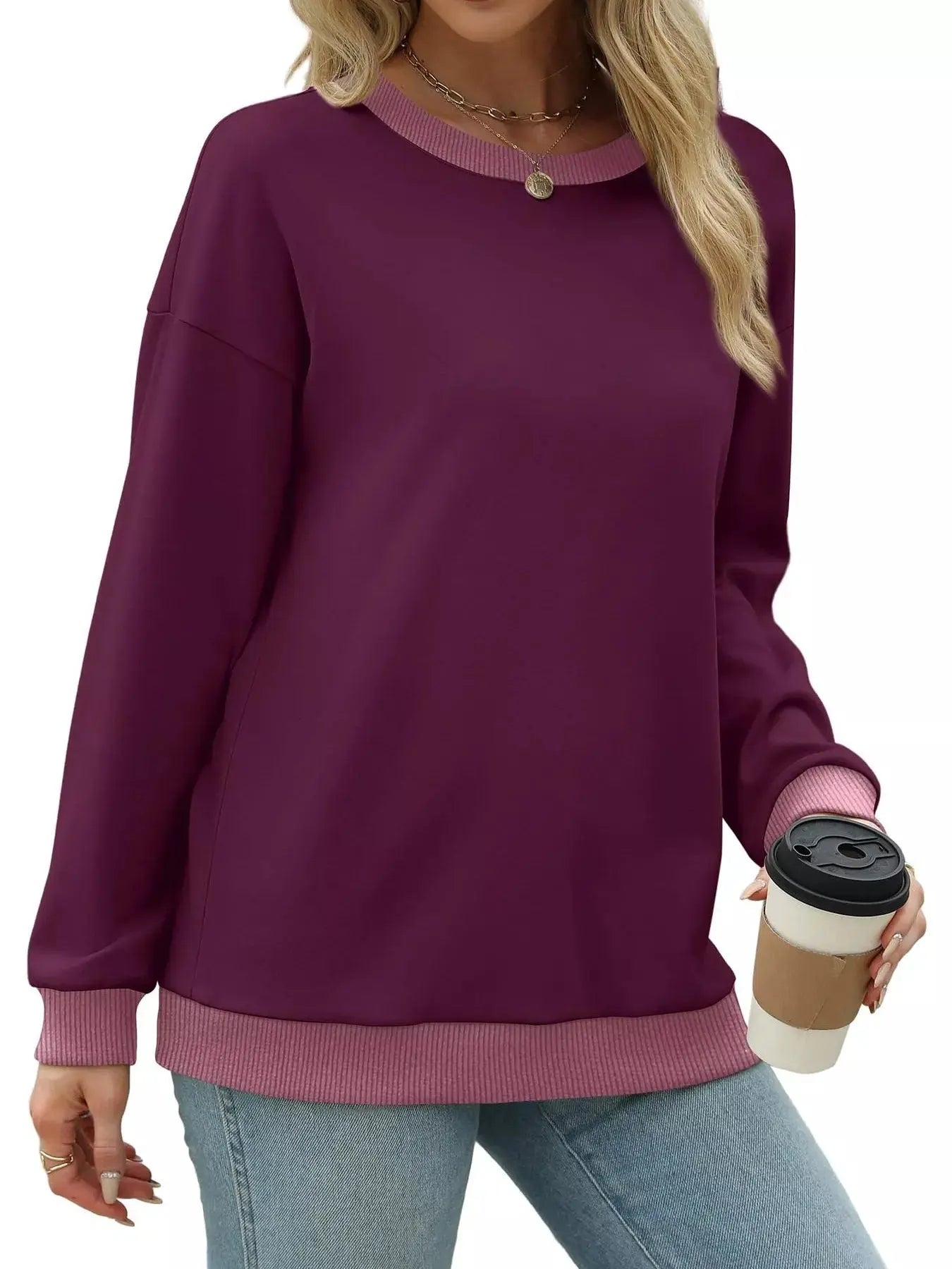 Contrast Trim Crew Neck Casual Sweatshirt Simply Love