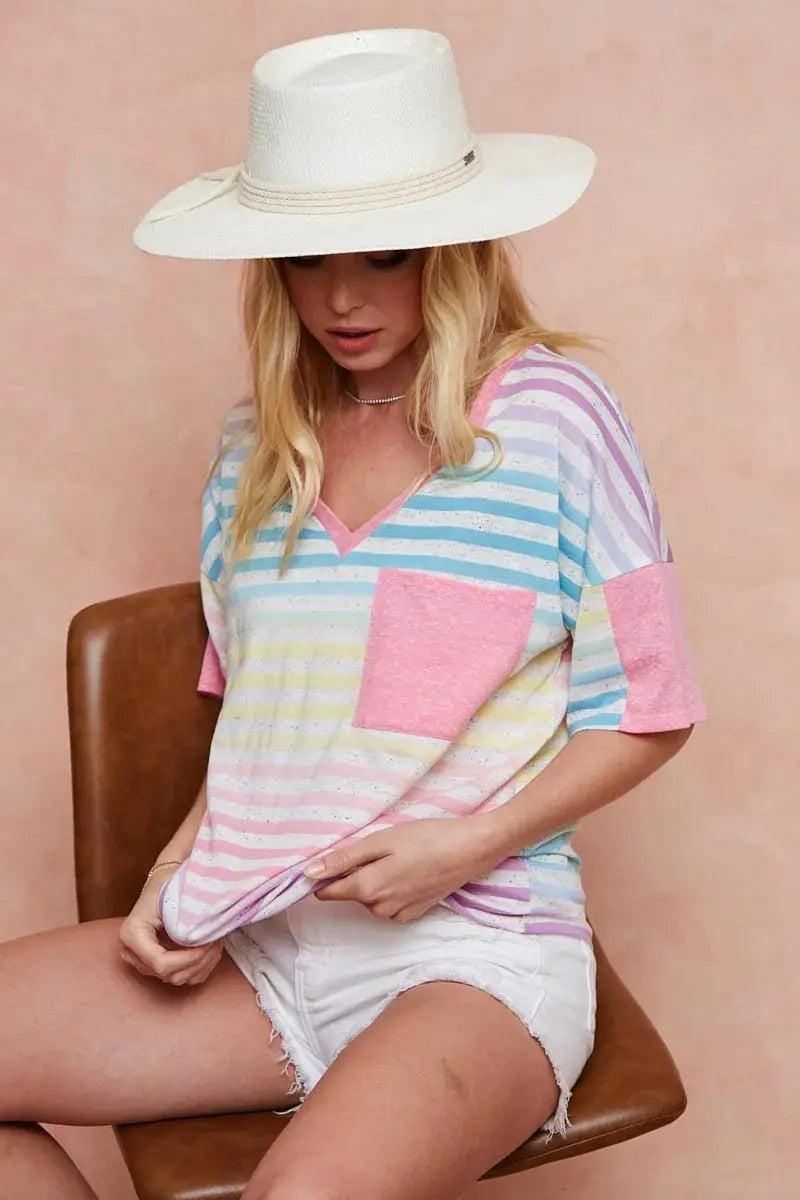 BiBi Rainbow Stripe Printed Triblend Knit Top - Love Salve 