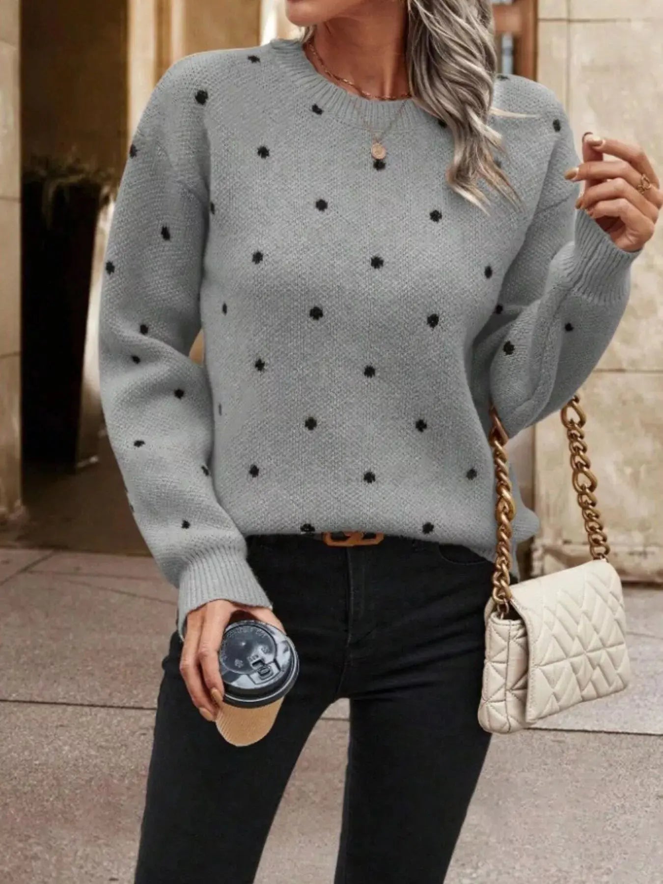 Polka Dot Round Neck Sweater Simply Love