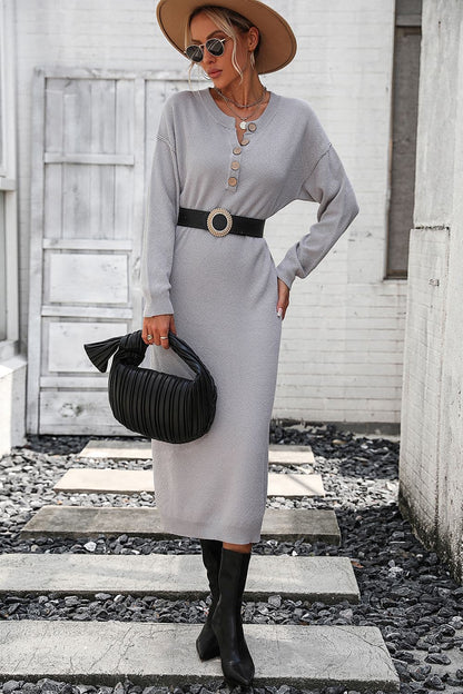 Decorative Button Notched Dropped Shoulder Sweater Dress.