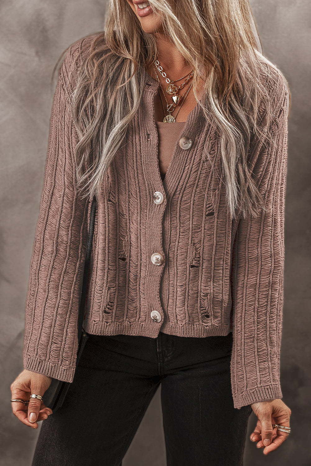 Textured Knit Buttoned Cardigan with Unique Goat Cut-Out Design