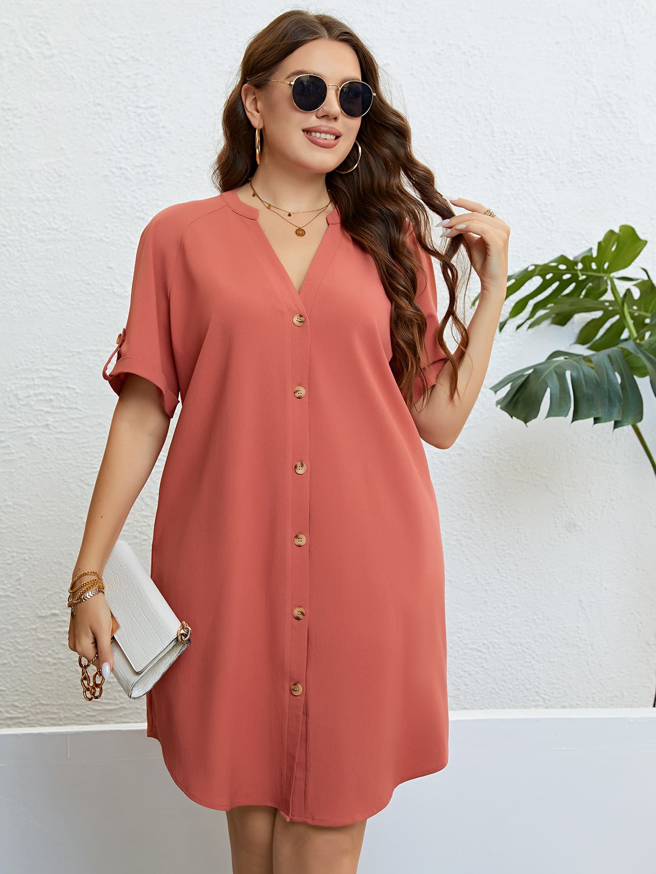 Plus Size Buttoned Notched Neck Shift Dress.