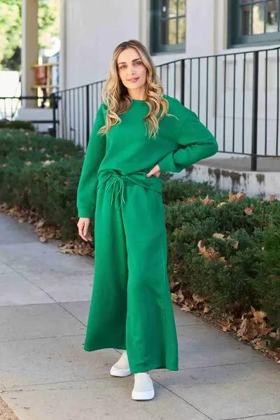 Double Take Full Size Textured Long Sleeve Top and Drawstring Pants Set - Love Salve