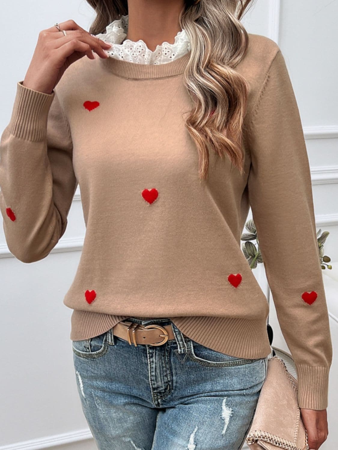 Lace Detail Heart Long Sleeve Sweater.