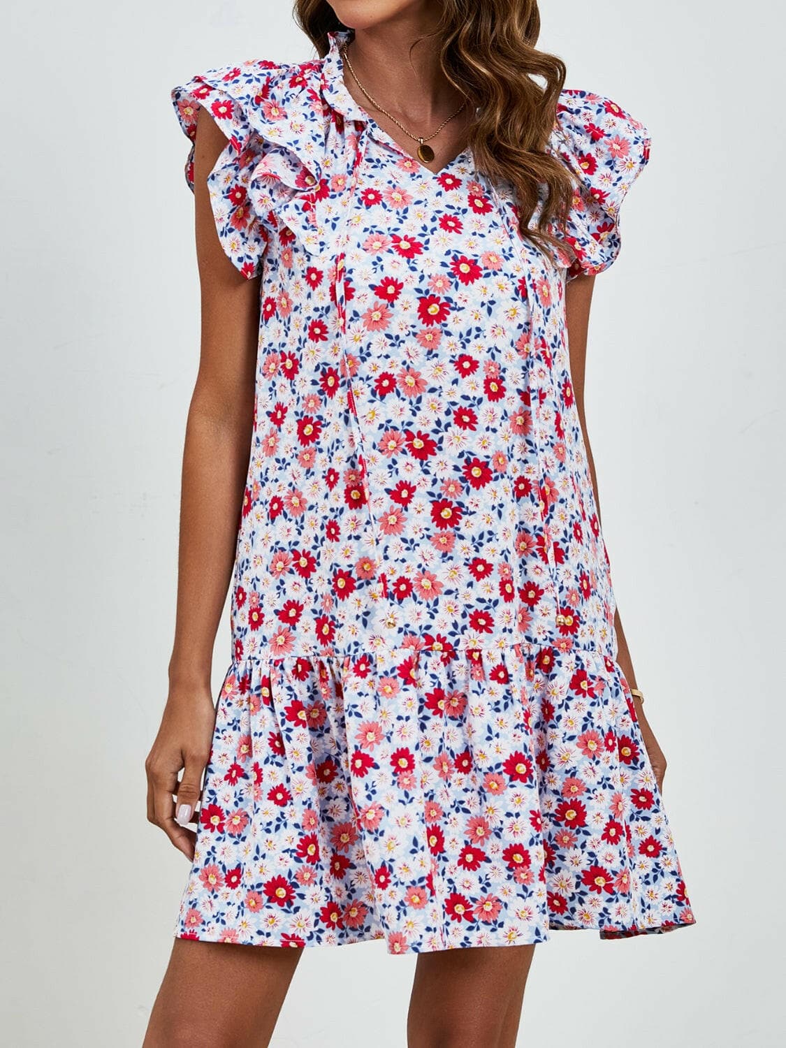 Tied Floral Cap Sleeve Mini Dress.