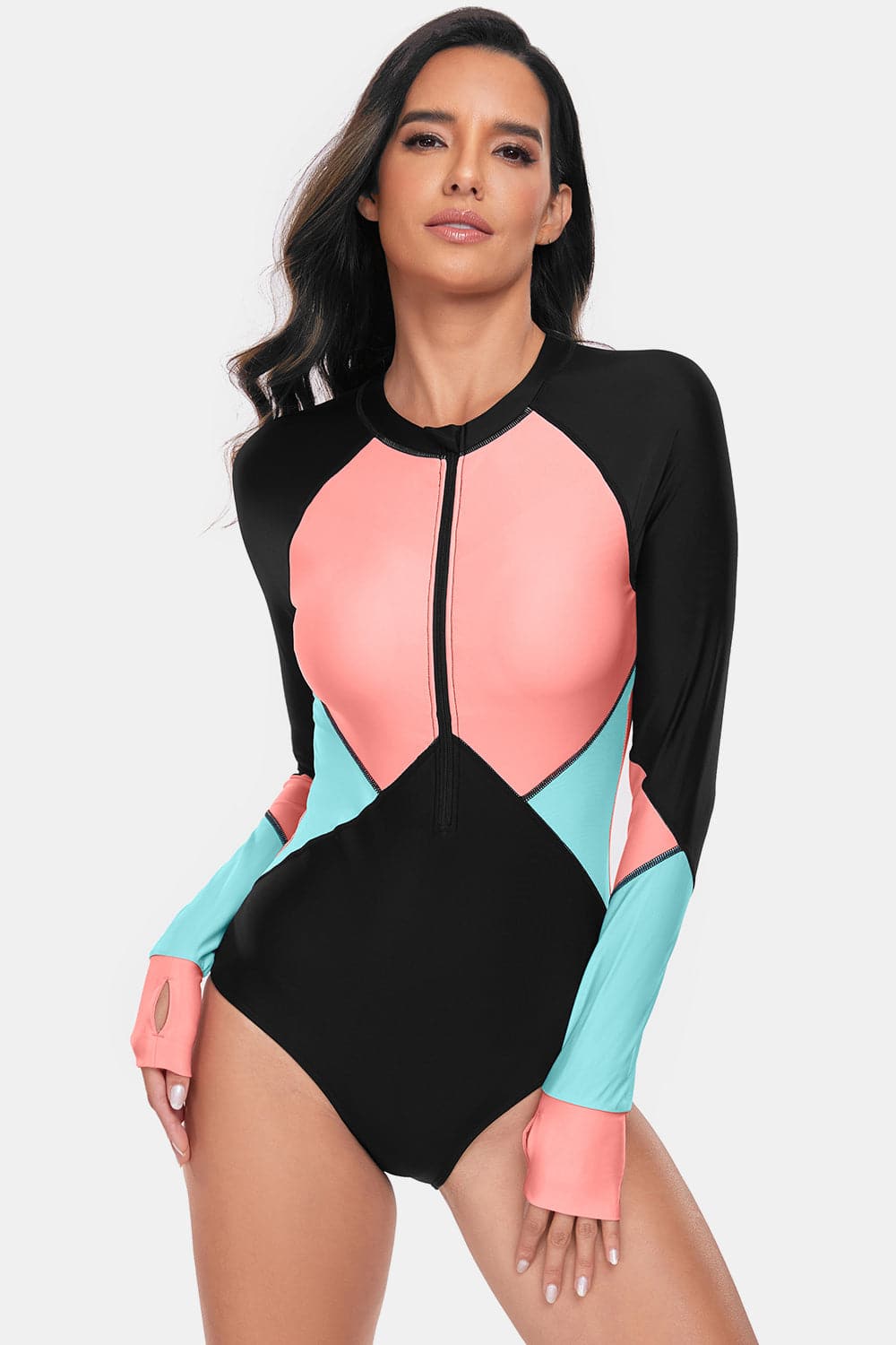 Color Block Half Zip Long Sleeve One-Piece Swimwear.