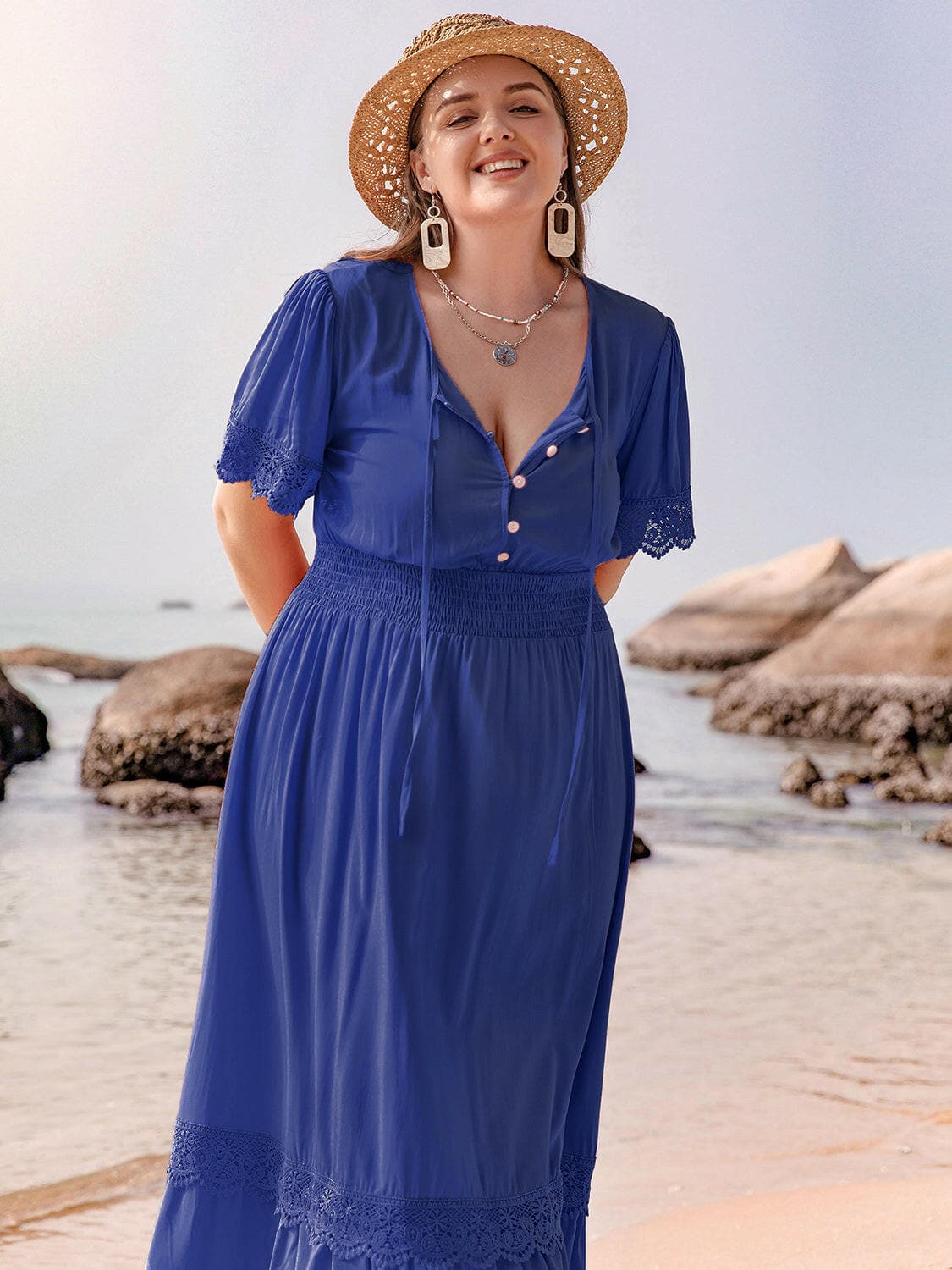 Plus Size Lace Detail Tie Neck Short Sleeve Maxi DressPlus Size Lace Detail Tie Neck Short Sleeve Maxi Dress
 Indulge in elegance with our Plus Size Lace Detail Tie Neck Short Sleeve Maxi Dress. Perfect for any special Love Salve Size Lace Detail Tie Neck Short Sleeve Maxi DressMaxi Dresses