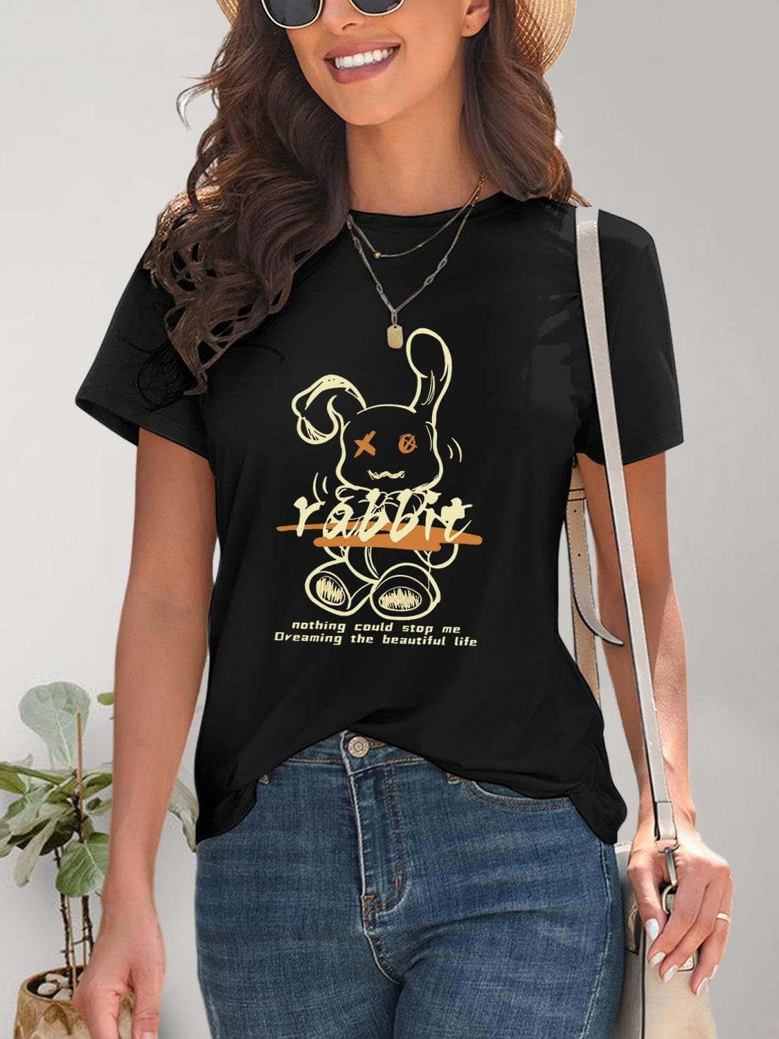 Rabbit Graphic Round Neck Short Sleeve T-Shirt.