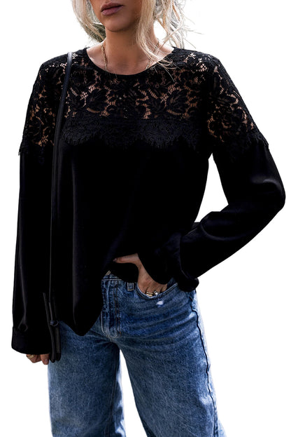 Elegant black lace crochet long sleeve top with O neck design