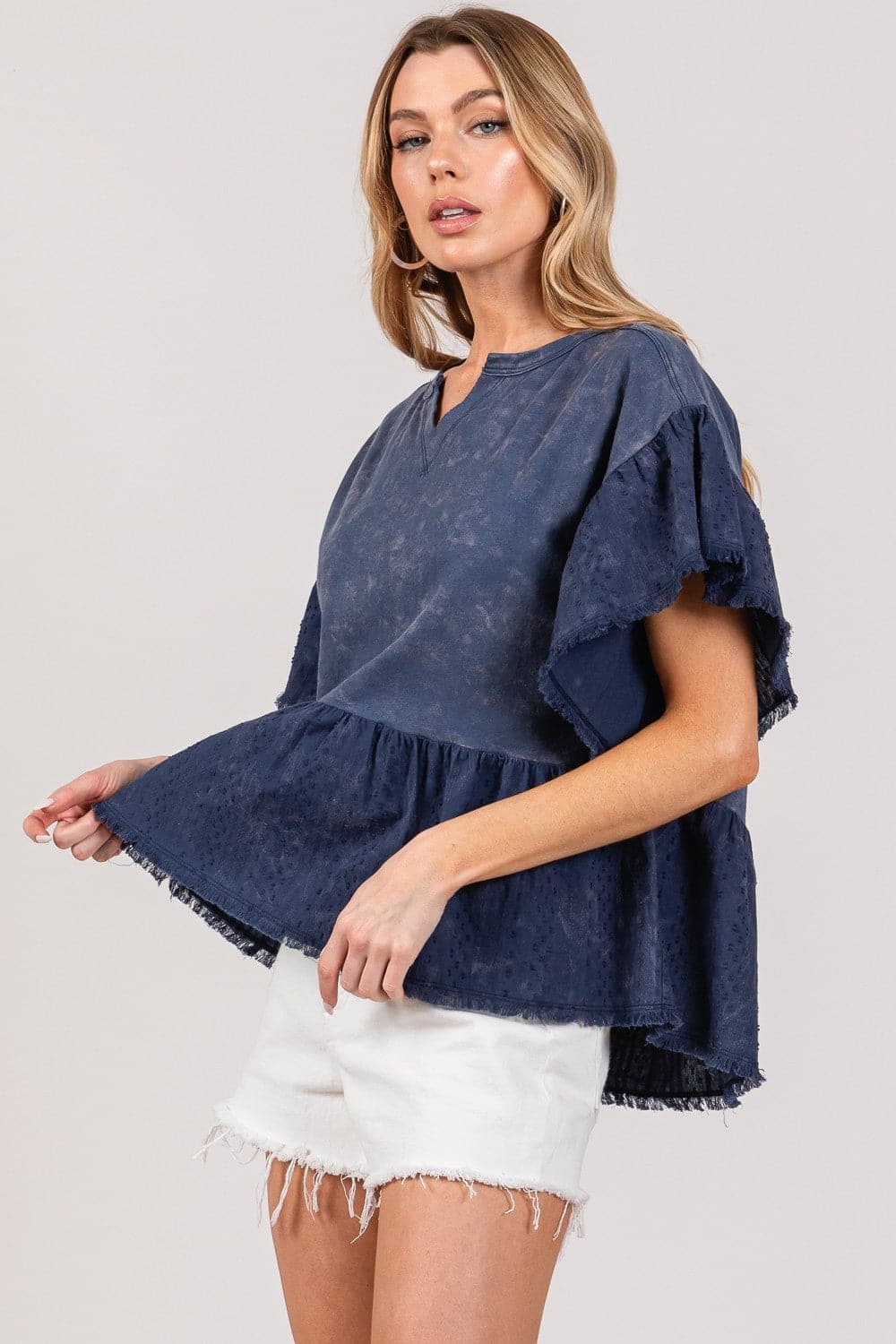 SAGE + FIG Ruffle Sleeve Washed Short Sleeve Blouse.