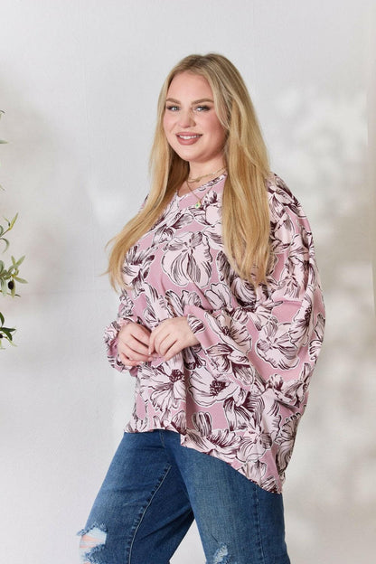 Heimish Full Size Floral V-Neck Balloon Sleeve Blouse.