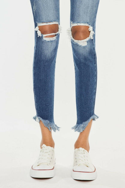 Kancan High Waist Distressed Raw Hem Ankle Skinny Jeans.