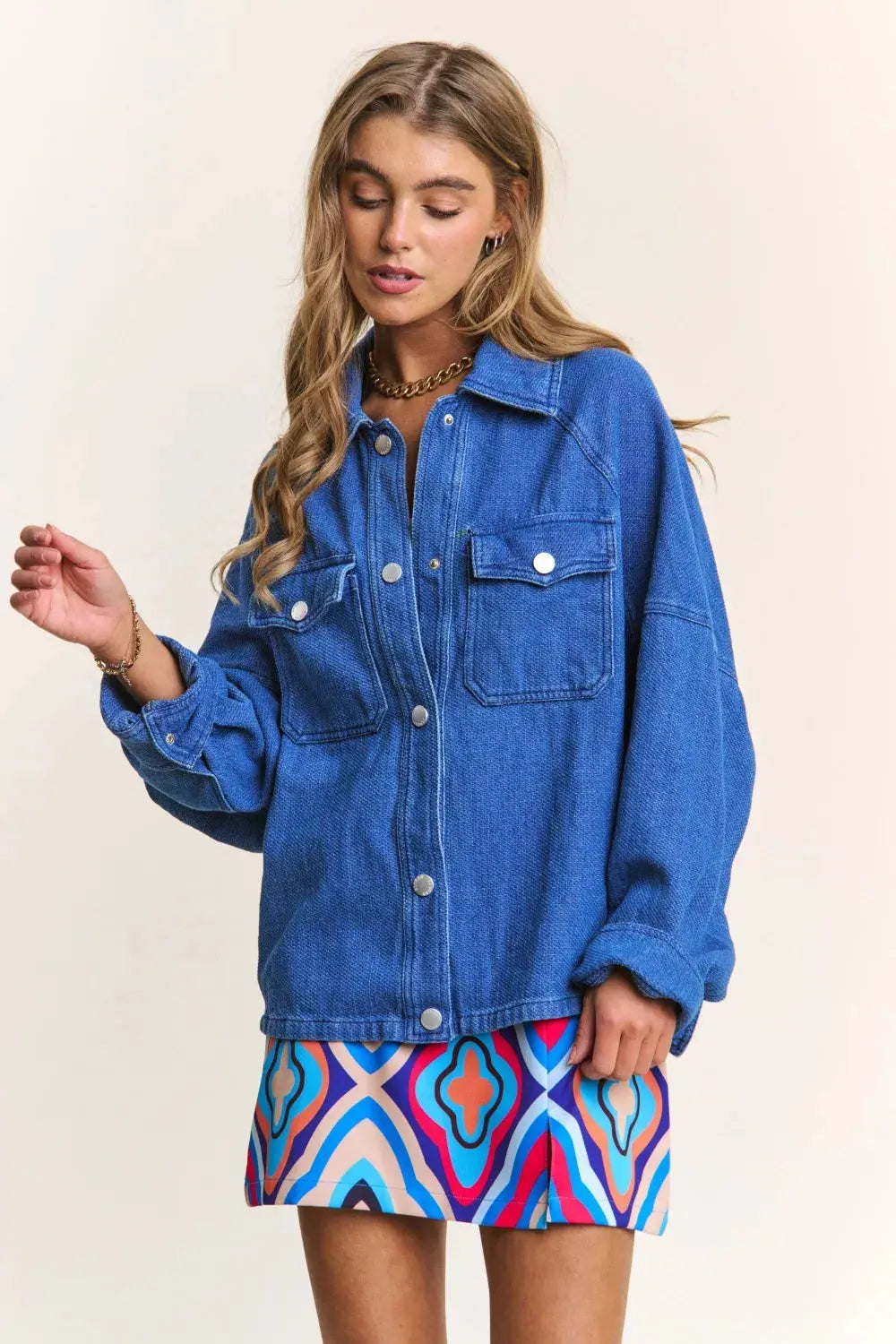 J.NNA Snap Down Long Sleeve Denim Shacket for Women - Love Salve 