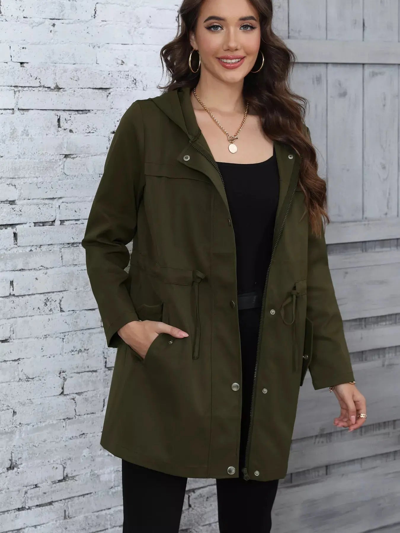 Hooded Drawstring Waist Casual Outerwear Simply Love