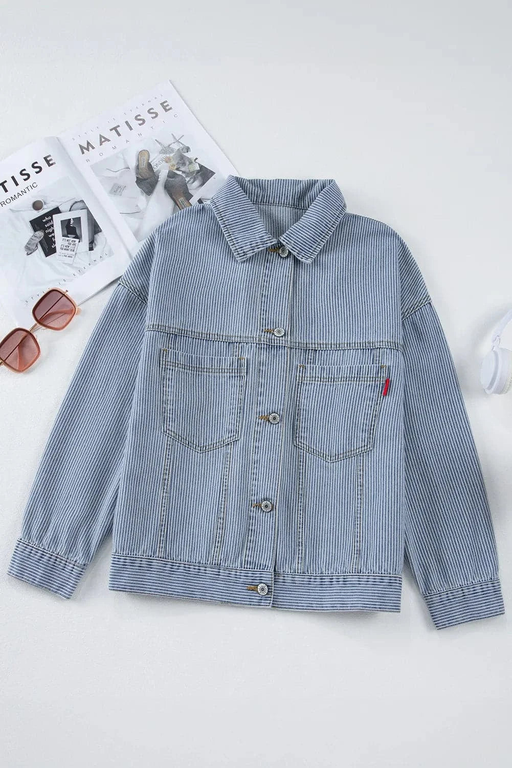 Striped Button Up Long Sleeve Denim Jacket.