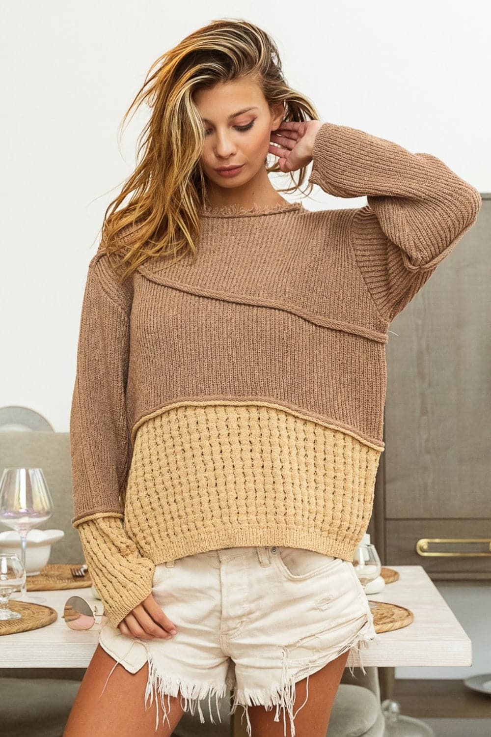 BiBi Texture Detail Contrast Drop Shoulder Sweater.