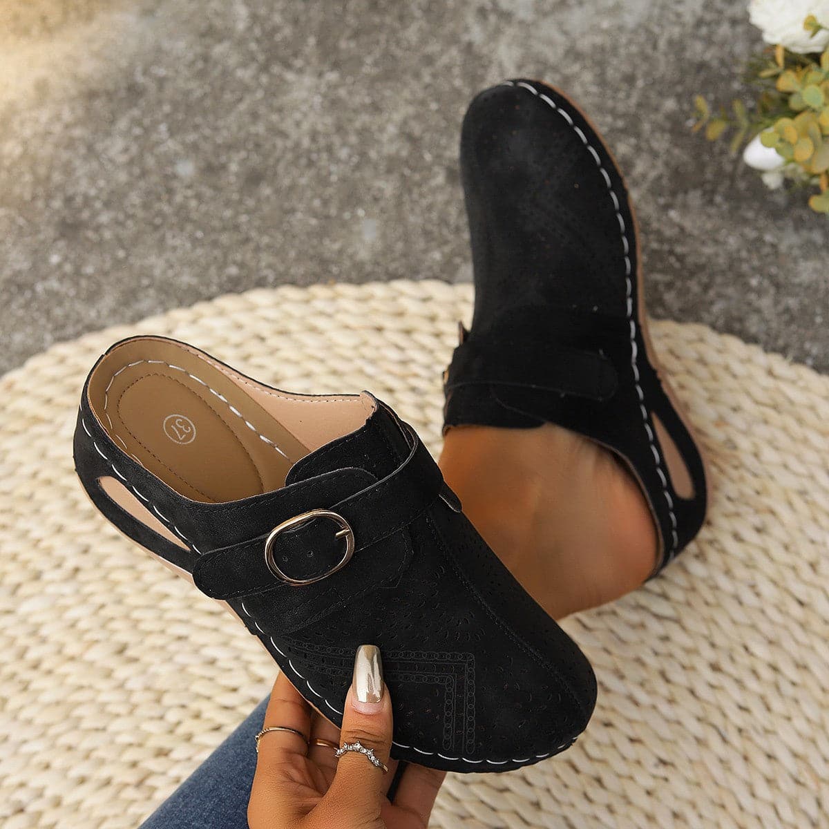 Suede Round Toe Wedge Sandals.