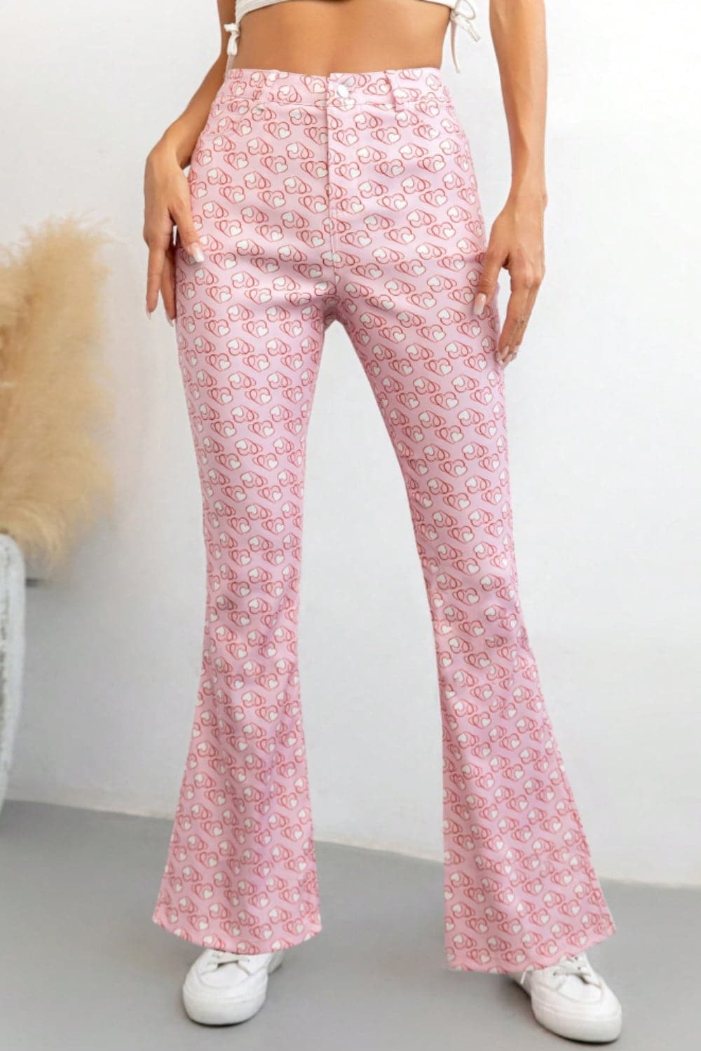 Stylish Printed High-Waisted Flare Trousers with Convenient Pockets