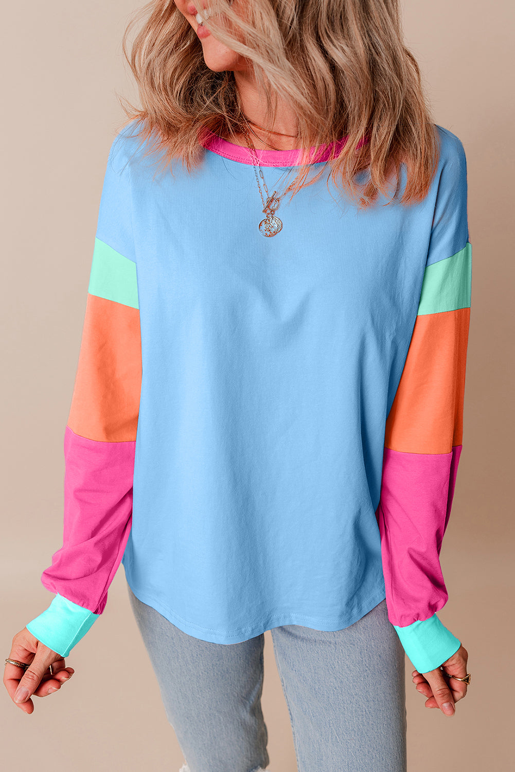 Colorblock Patchwork Long Sleeve Top in Dark Blue