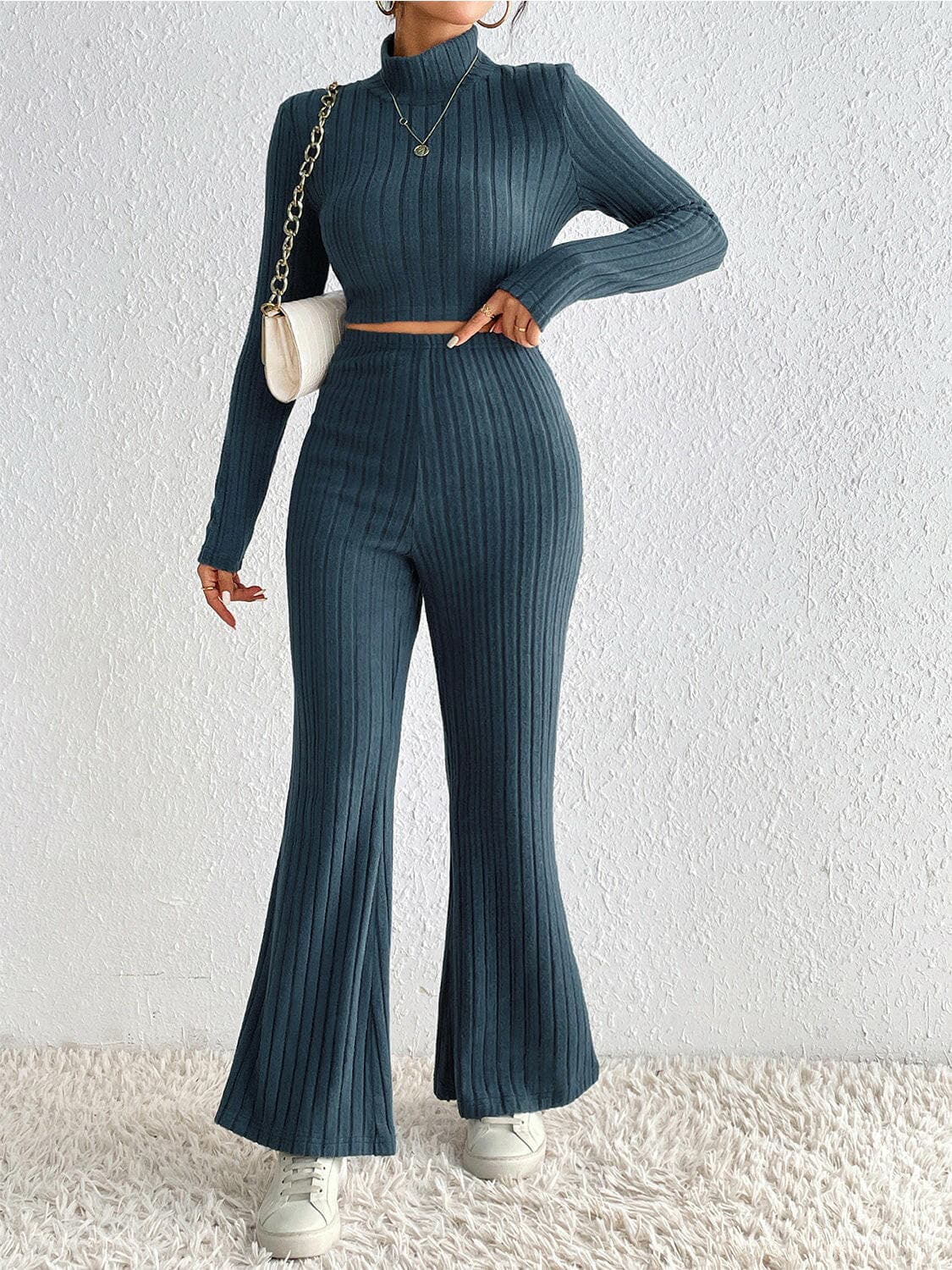 Ribbed Mock Neck Cropped Sweater & High Waist Pants Set.